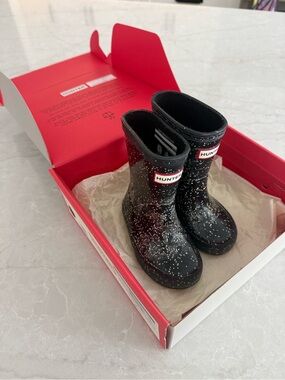 Hunter Black White Speckled Kids Rain Boots